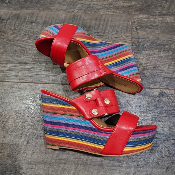 Nine West Red Lara Striped Wedge Slip on Sandals Sz 7.5 Beachcore - Picture 7 of 13